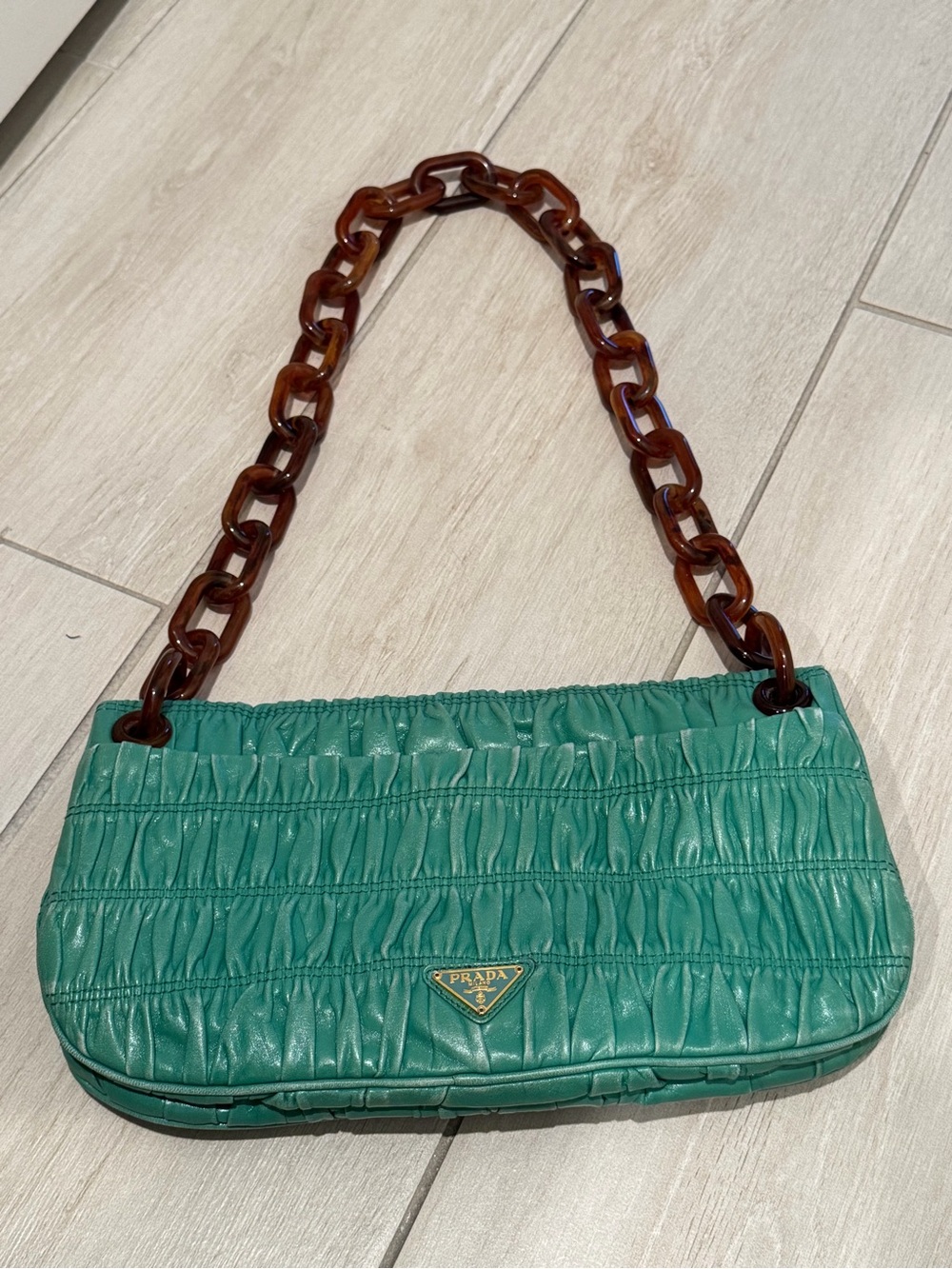 Prada Teal Gathered Leather Shoulder Bag with Tortoiseshell Chain